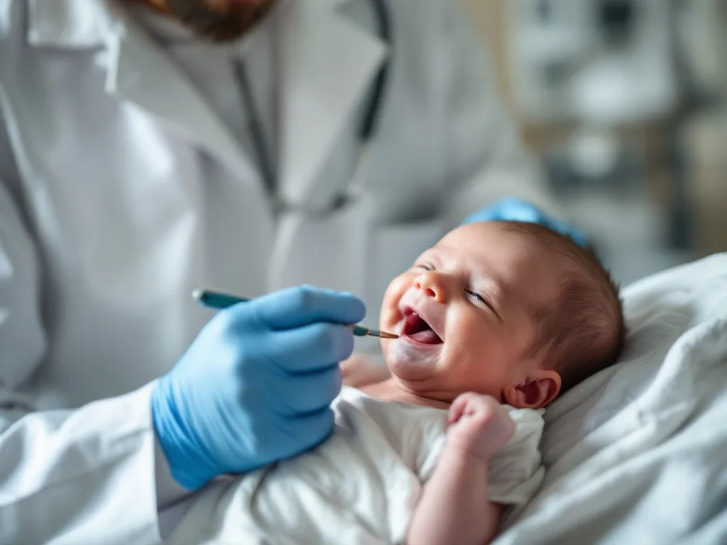 Pediatrician in blue gloves examining newborn infant's mouth with tongue depressor.