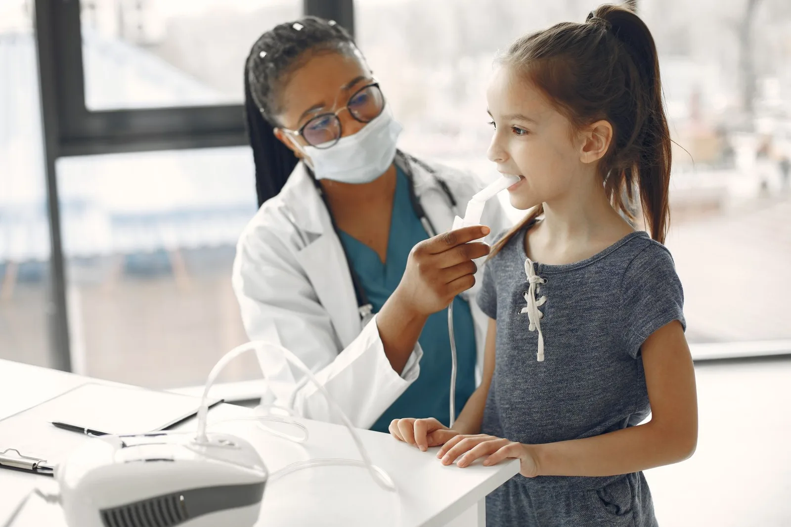 A female doctor examines a young girl in a medical office.