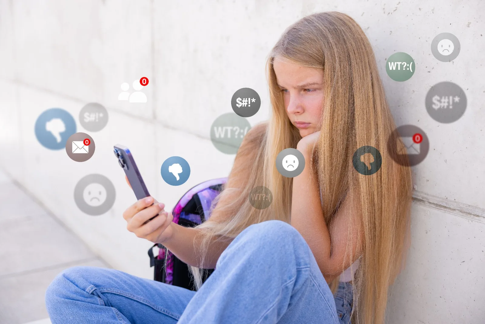 Young girl looking at smartphone surrounded by notification icons including angry faces and warning symbols.