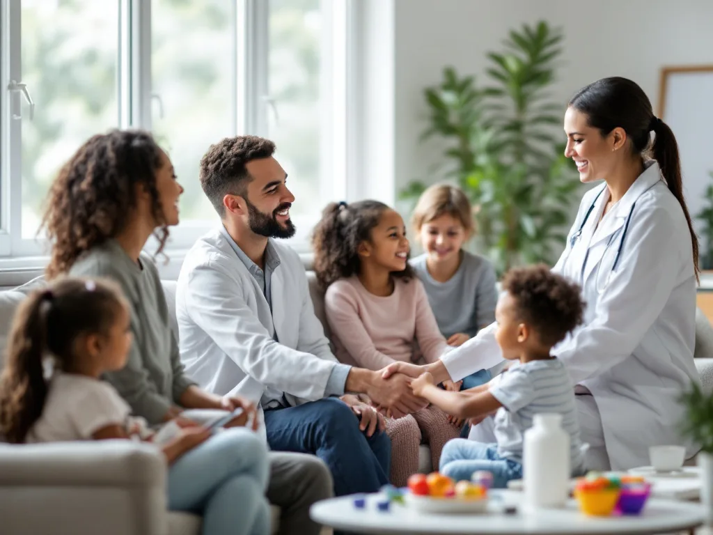 Pediatrician in white coat greeting children and parents in bright clinic waiting room with plants.