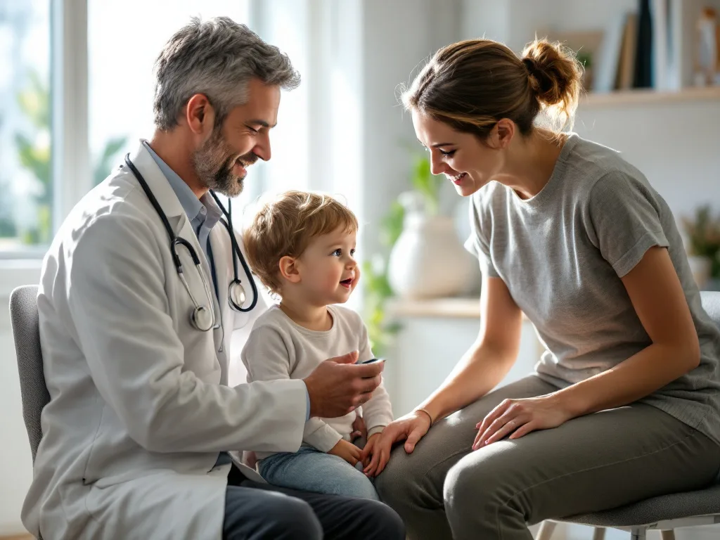 Pediatrician with stethoscope consulting with mother and young child in bright medical office.