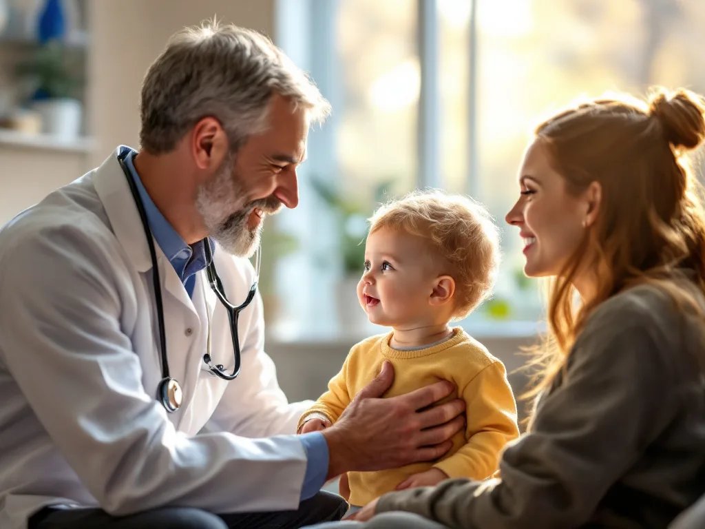 Pediatrician with stethoscope examines smiling toddler while mother watches in clinic.