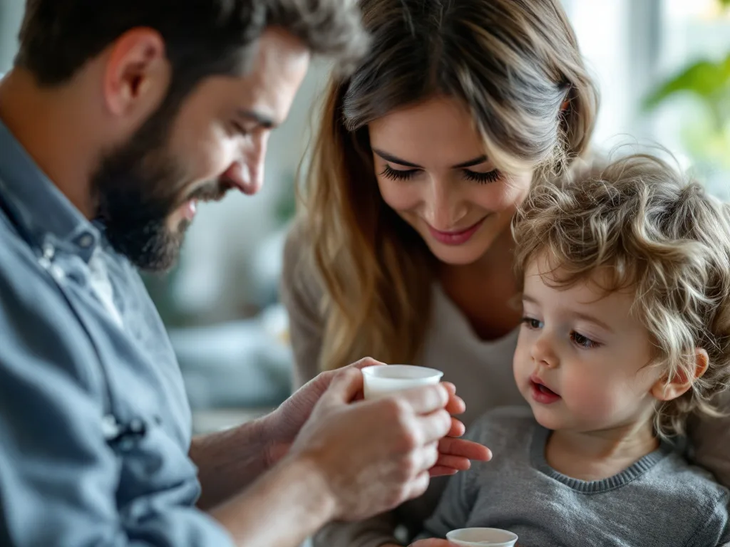 Family with young child holding cup during pediatric visit or consultation.